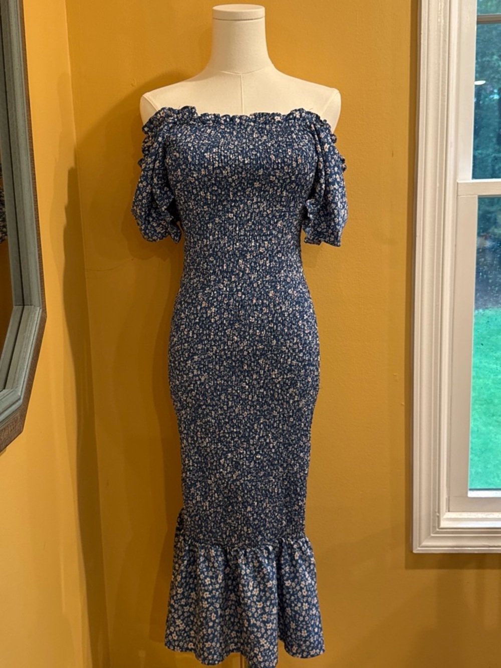 Blue Floral Smocked Off-Shoulder Midi Dress